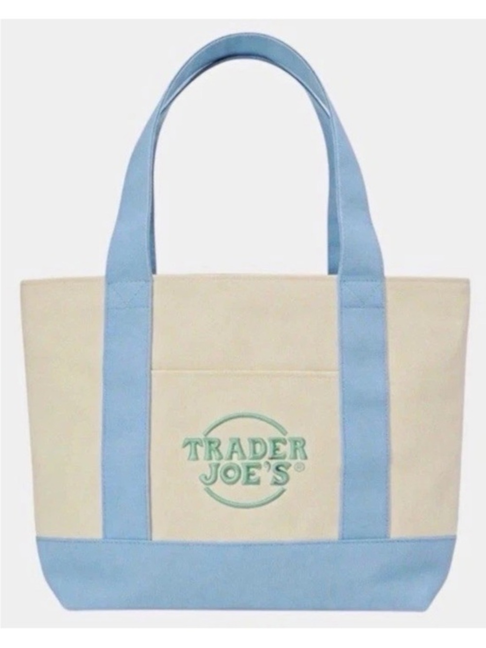 NWT, Trader Joe's Cream Canvas Tote with Light Blue Accents. Limited edition